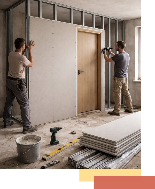 Перегородка из гипсокартона с дверью под ключ в Ломоносове