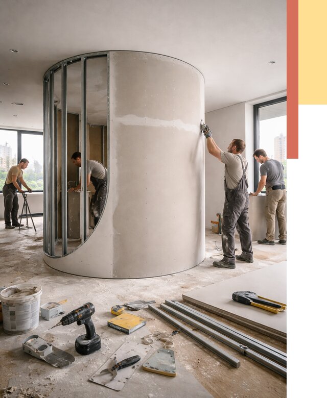 Радиусная перегородка из гипсокартона в Ломоносове от 2971 руб. под ключ | ОТДЕЛОЧНИК-Лмн