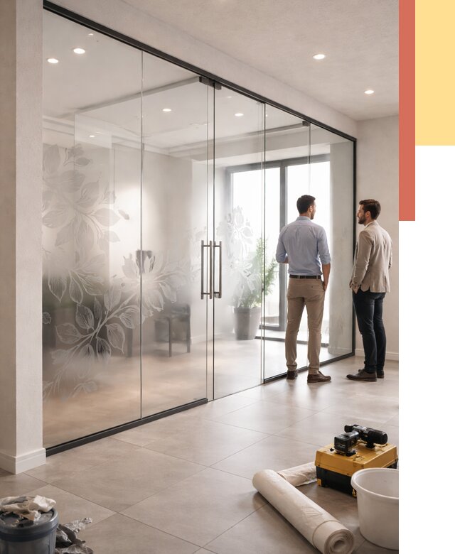 Стеклянные перегородки с рисунком в Ломоносове от 12806 руб. монтаж и нанесение | ОТДЕЛОЧНИК-Лмн