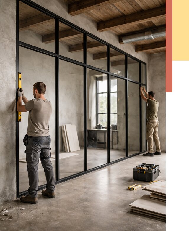 Стеклянные перегородки лофт в Ломоносове от 10757 руб. под ключ | ОТДЕЛОЧНИК-Лмн