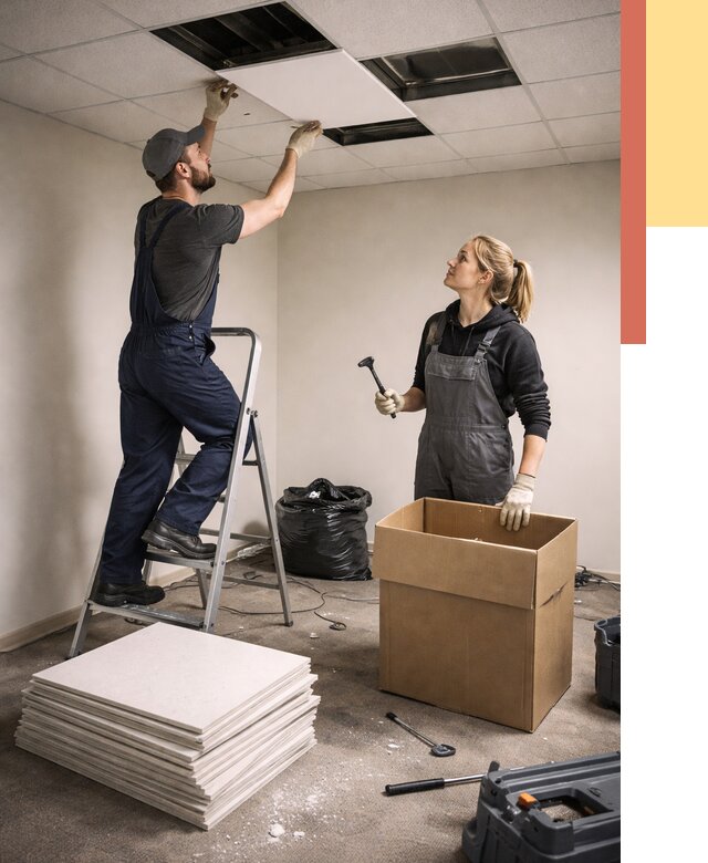 Демонтаж потолочной плитки в Ломоносове от 4610 руб. быстро и недорого | ОТДЕЛОЧНИК-Лмн