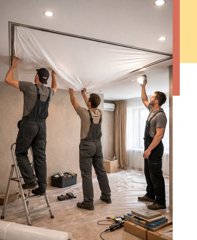 Монтаж ПВХ натяжного потолка в Ломоносове от 3586 руб. под ключ | ОТДЕЛОЧНИК-Лмн