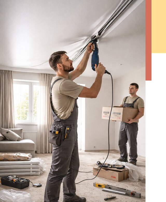 Монтаж сатинового натяжного потолка в Ломоносове от 3586 руб. | Быстро, недорого — ОТДЕЛОЧНИК-Лмн