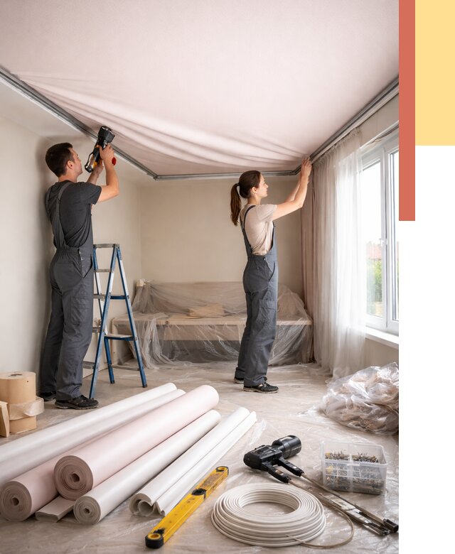 Монтаж цветного натяжного потолка в Ломоносове от 4303 руб/м² — быстро и недорого | ОТДЕЛОЧНИК-Лмн