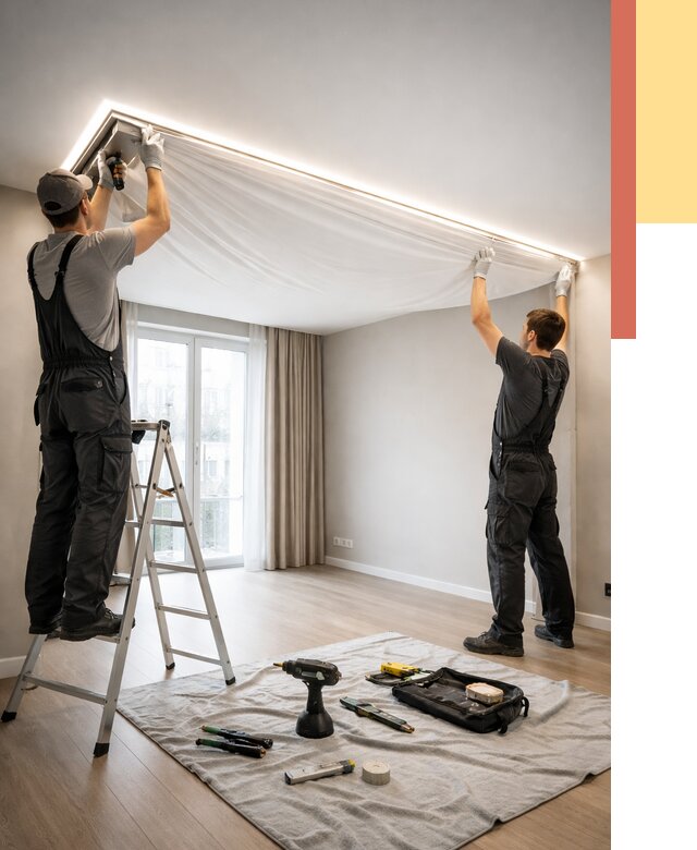 Монтаж парящего натяжного потолка в Ломоносове от 4610 руб. быстро и недорого | ОТДЕЛОЧНИК-Лмн