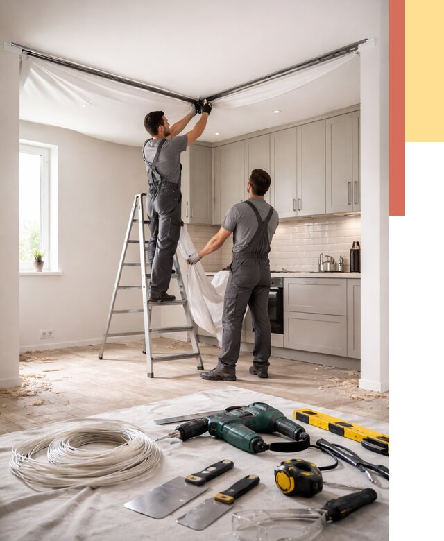 Установка натяжного потолка на кухне в Ломоносове от 2459 руб. | ОТДЕЛОЧНИК-Лмн