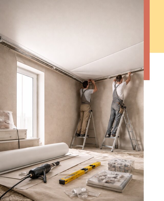 Монтаж натяжного потолка в спальне в Ломоносове от 3893 руб. под ключ | ОТДЕЛОЧНИК-Лмн