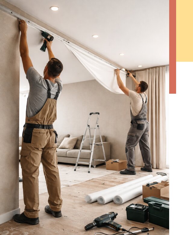 Монтаж натяжного потолка в гостиной в Ломоносове от 563 руб. | ОТДЕЛОЧНИК-Лмн