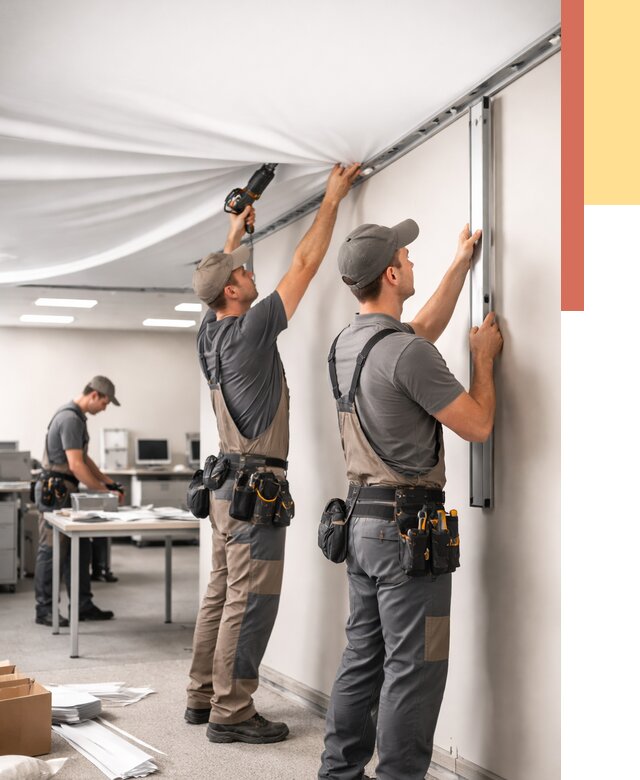 Монтаж натяжного потолка в офисе в Ломоносове от 461 руб/м² — быстро и недорого | ОТДЕЛОЧНИК-Лмн