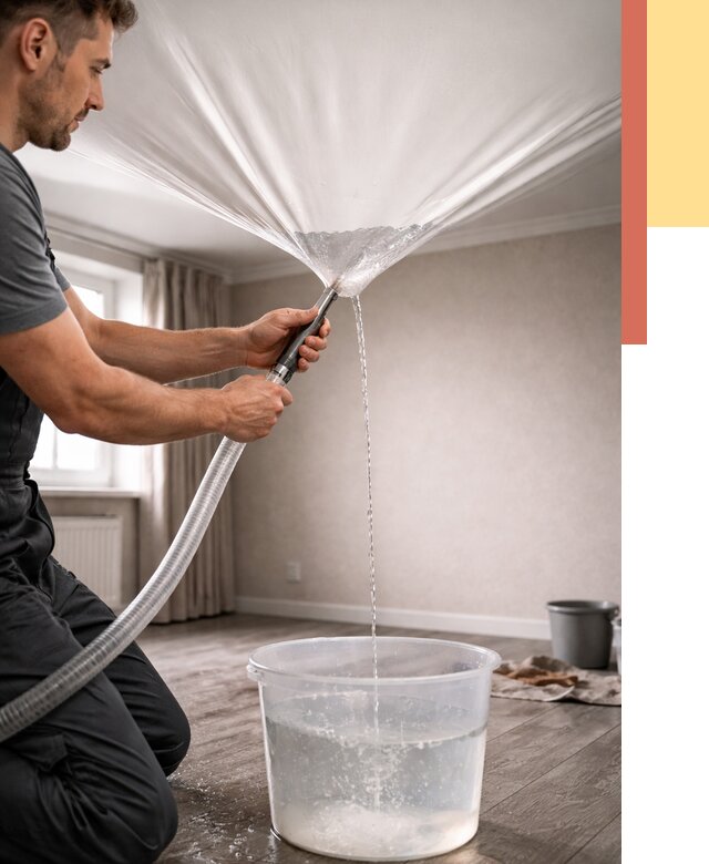 Слив воды с натяжного потолка в Ломоносове от 2561 руб. быстро и недорого | ОТДЕЛОЧНИК-Лмн