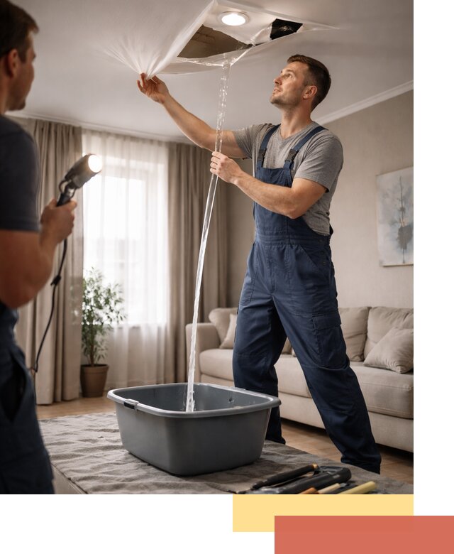 Слив воды с натяжного потолка в Ломоносове быстро и аккуратно