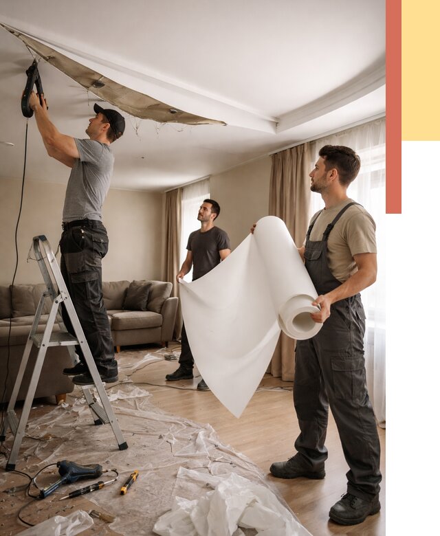 Замена полотна натяжного потолка в Ломоносове от 9733 руб. быстро и недорого | ОТДЕЛОЧНИК-Лмн